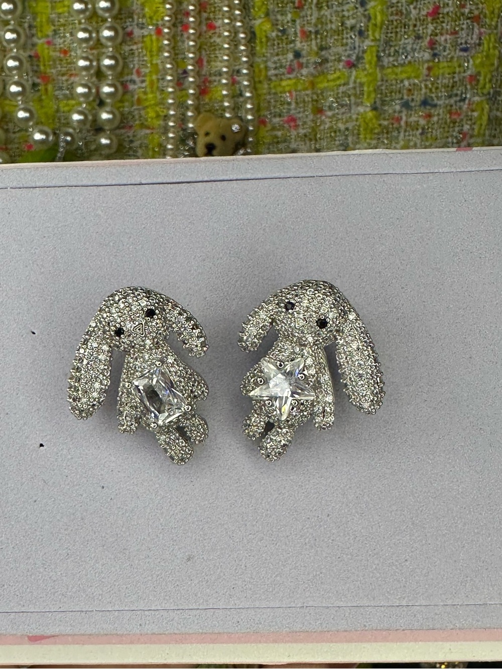Crystal-Paved Bunny Stud Earrings - Silver Sparkle